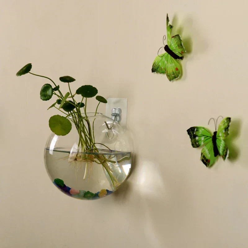 Wall Hanging Glass Plant Vase with Hydroponic Round Flower Pot