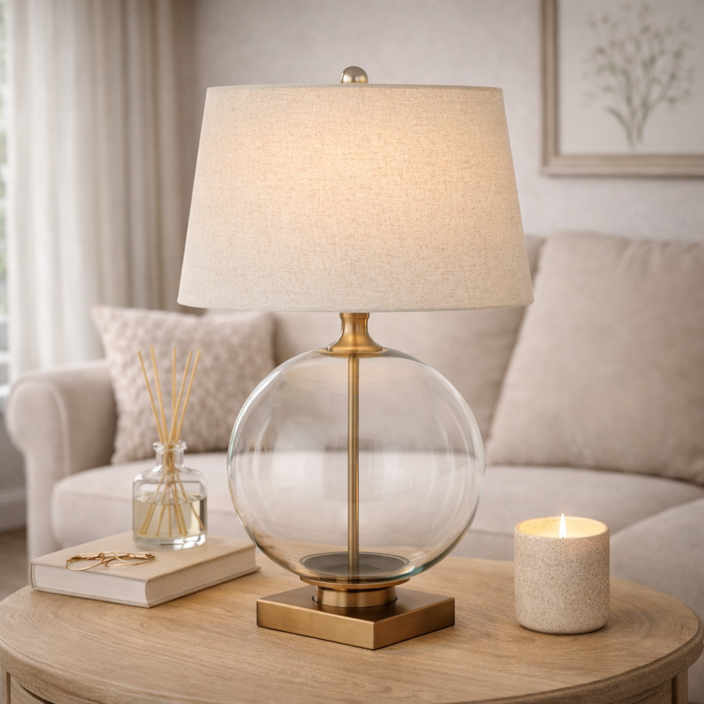 Glass Orb Table Lamp with Linen Shade